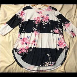 Navy Striped Floral 3/4 Sleeve Soft Top Xl